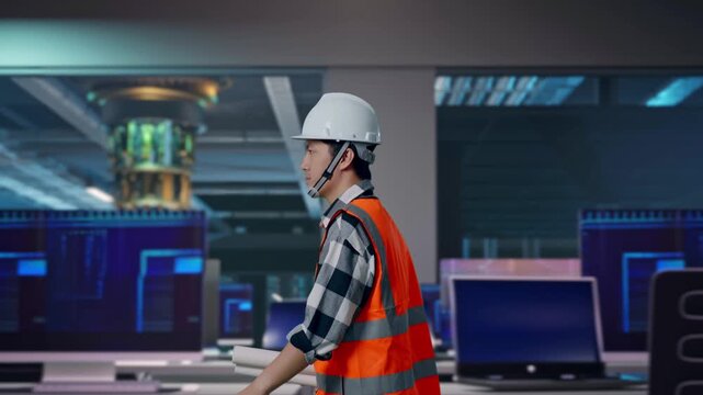 Side View of Asian Male Engineer Holding Blueprint While Walking at Futuristic Quantum Computer Data Center Control Room