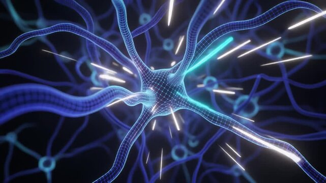 ハイテクな3Dワイヤーフレームで可視化された神経シナプスの接続イメージ