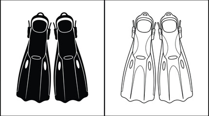 Fins Diving Black and White Flat Vector Illustration with Minimalist Lines and Negative Space for Underwater Sports Equipment. © Hridoy