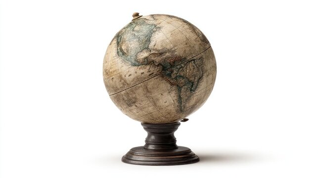 Antique globe shaped like an egg standing on a dark wooden pedestal against a white background