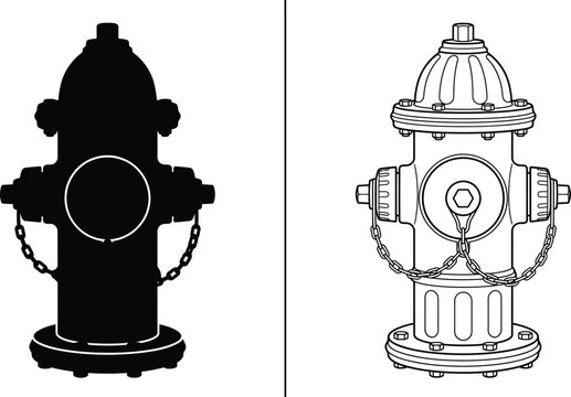 Fire Hydrant Cast Iron with Silhouette and Outline Illustrations Isolated on a White Background for Design Concepts