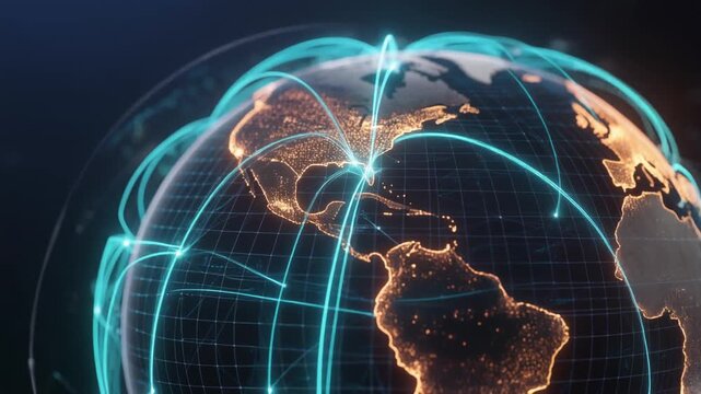 シャンパンゴールドに輝く大陸の境界線と複雑なグローバルネットワークの3D地球
