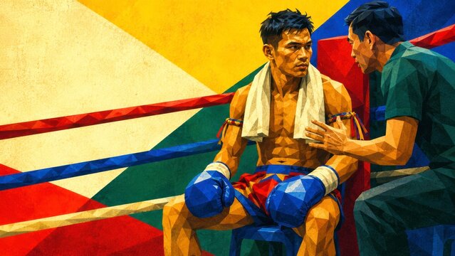 Thai boxing athlete in corner with coach after match, low poly illustration, tired fighter, blue glove, ring rope, training support