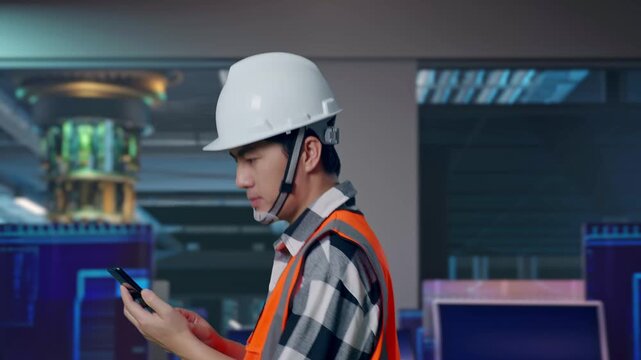 Side View of Asian Male Engineer Use Smartphone While Walking at Futuristic Quantum Computer Data Center Control Room
