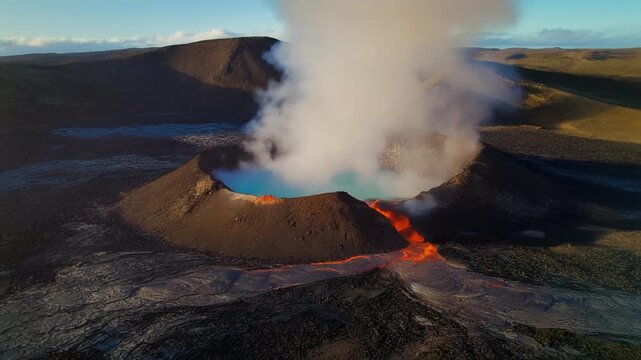 Aerial View of Erupting Taal Volcano with Flowing Lava and Smoke