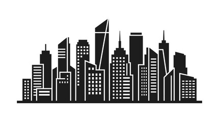 Obraz premium Detailed Urban Cityscape Silhouette with Various Buildings on Isolated White Background, Modern City Skyline Vector Graphic