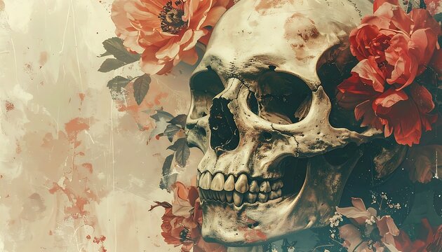 Memento mori still life with human skull and red peonies, vintage textured background with floral elements and grunge details, symbol of life and death