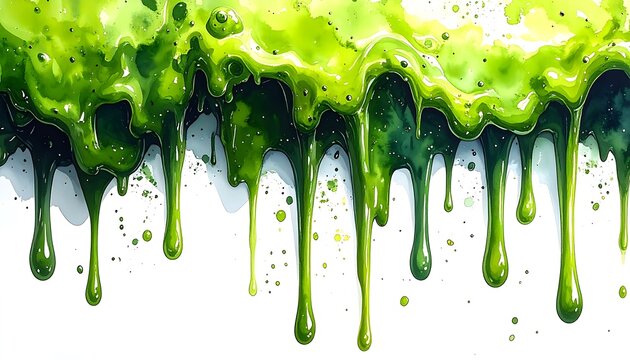Green watercolor paint dripping like slime or liquid over a white background, abstract vibrant organic texture