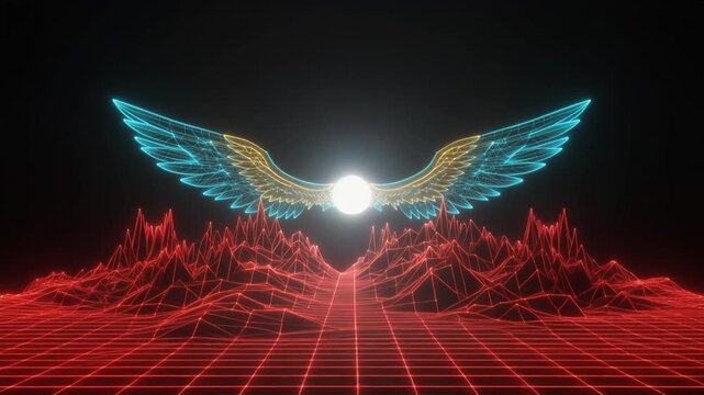 中央で光るデジタルノードから広がる二面性を表現した抽象的な階層図