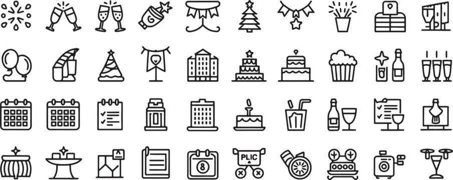 Celebration Icon Set with Simple Doodle Line Art of Party, Sweets, Drinks, Buildings, and Festive Fireworks