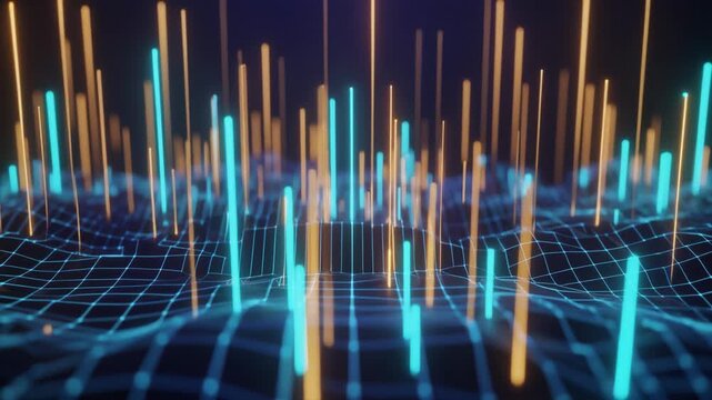 抽象的な3D幾何学のエッジを滑る光るデータポイントのマクロビューCG