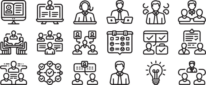 Customer Service Icons Set with Computer, Headset, Documents, Chat Bubbles, Check Marks, and User Profiles
