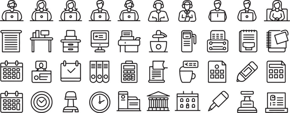 Business Service Icons Set with People, Office Tools, Calendar Symbols, Calculators, and Document Devices in Outline Style