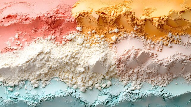 A vibrant flat lay composition of layered dry powders in pastel shades arranged in horizontal bands with textured surfaces and subtle color gradients creating an artistic visual display suitable.