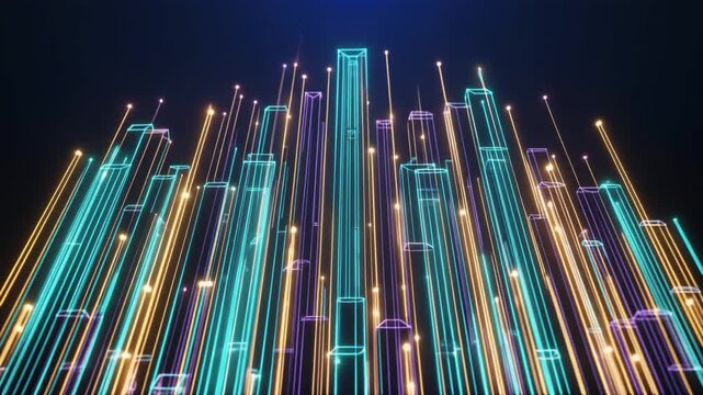 2D設計図から上方に押し出されるそびえ立つ抽象的な3D幾何学キューブ