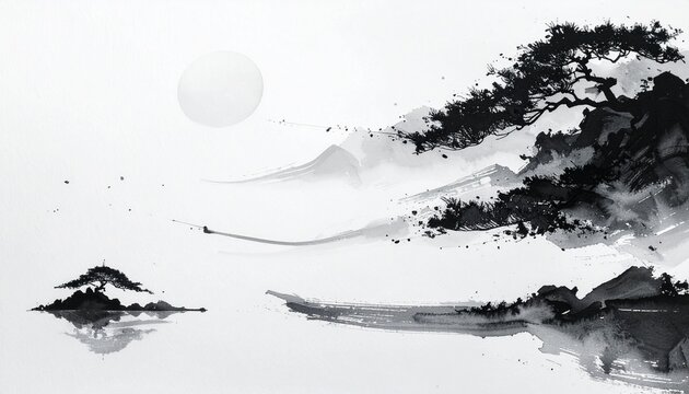 Zen style sumi ink landscape painting with pine tree and moon