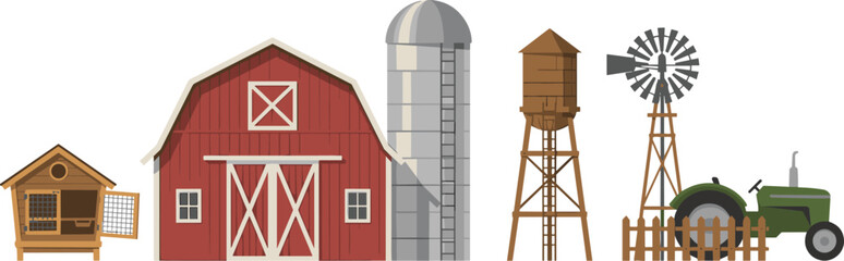 Agriculture and Farm Infrastructure Vector Set Featuring Red Barn Silo Water Tower Windmill Green Tractor and Chicken Coop Building Illustrationsv © MstRabeya