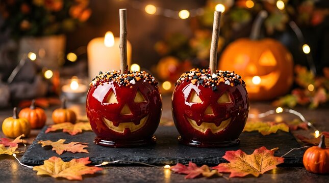 Spooky jackolantern candy apples for halloween