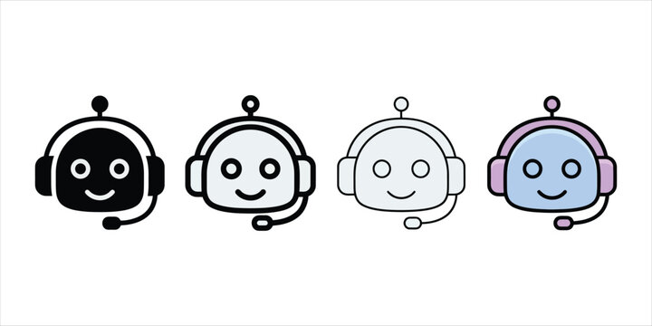 Four customer support robot with headsets in solid, bold line, thin outline, and colored styles for chatbots