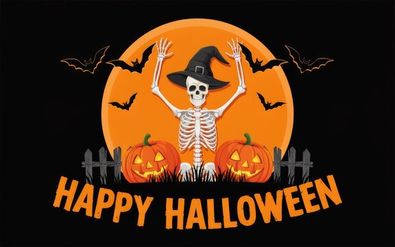 Happy halloween skeleton witch with jack o lanterns and bats