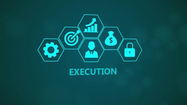 Execution Management Infographic Animation with Enterprise Workflow Icons and Digital Operations Network on Dark Background 4k visuals