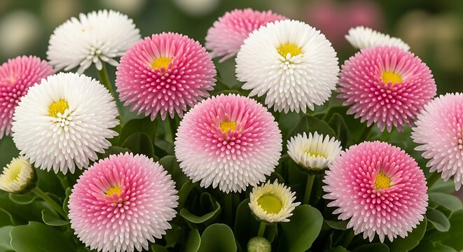 Beautiful cluster of pink and white bellis perennis daisy flowers.