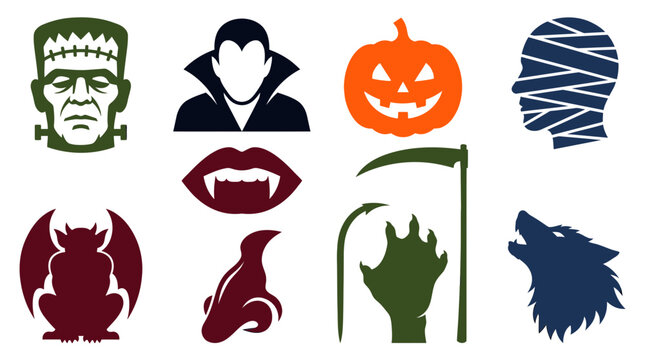 Halloween icons set including Frankenstein monster, vampire, jack o lantern, mummy, lips, bat, werewolf, devil hand, wolf head