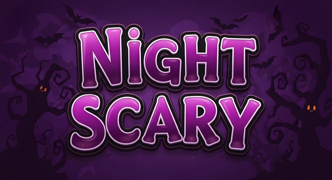 Night scary purple 3d text effect with spooky trees and bats background