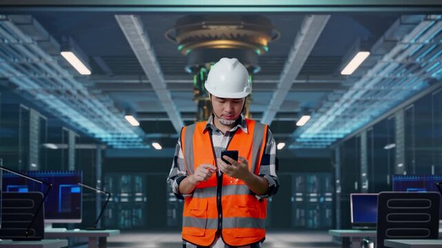 Front View of Asian Male Engineer Use Smartphone While Walking at Futuristic Quantum Computer Data Center Control Room
