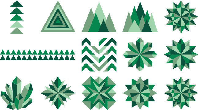 Abstract Green Geometric Collection with Crystal Shapes, Mountain Icons, Star Rosettes, Triangle Patterns, and Modern Vector Design Elements Set
