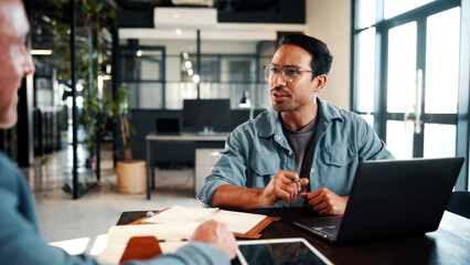 B2B, meeting and people in office with laptop, discussion and collaboration for digital marketing....