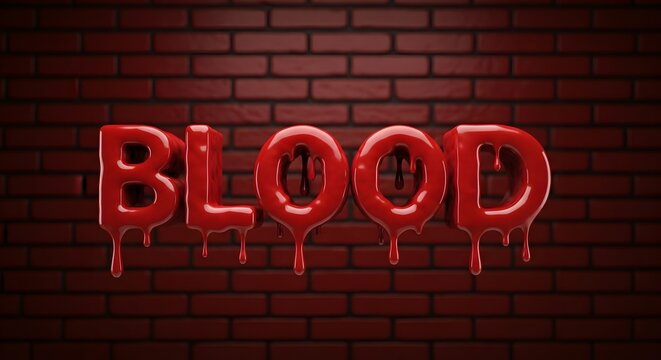 Blood text written in a 3d glossy red font with dripping liquid effect against a brick wall
