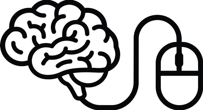 Simple Black Outline Illustration of a Human Brain Connected to a Computer Mouse Icon