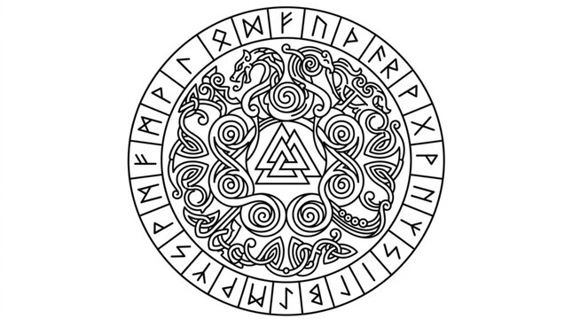 Ancient Norse Rune Circle with Valhalla Symbol.