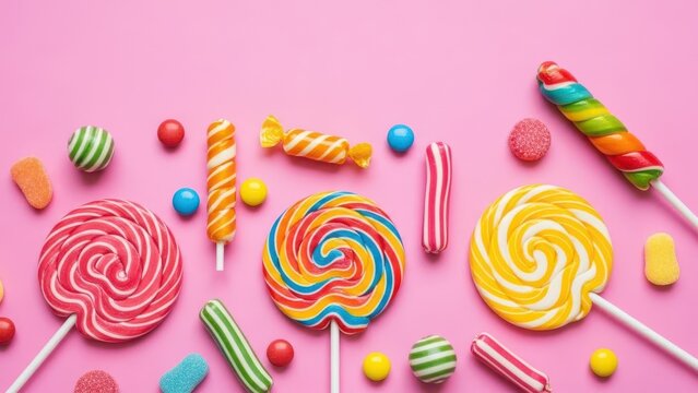 A Vibrant Assortment of Lollipops and Candies on a Pink Surface