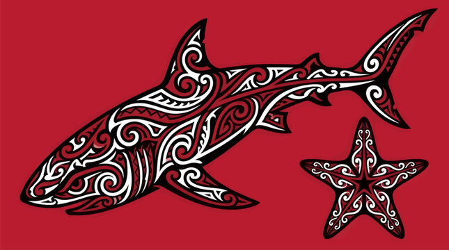 Flat vector illustration of a tribal shark and starfish in black, white, and red on a solid red background, featuring intricate Maori-inspired patterns and scrollwork, graphic design element