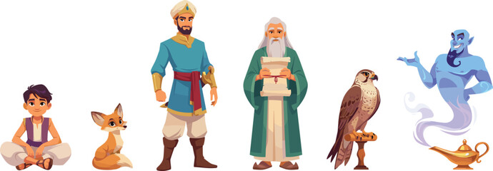 Obraz premium Arabian Nights Cartoon Character Set Featuring Aladdin, Sultan, Wise Sage, Magic Genie, Golden Lamp, Falcon, and Desert Fox Vectors