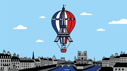 Obraz premium Flat Vector Illustration of Eiffel Tower Hot Air Balloon over Paris Skyline with Seine River and Notre Dame Cathedral, Blue Sky with Clouds, Red White Blue Balloon