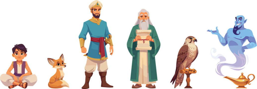 Arabian Nights Cartoon Character Set Featuring Aladdin, Sultan, Wise Sage, Magic Genie, Golden Lamp, Falcon, and Desert Fox Vectors