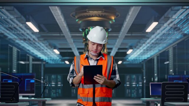 Front View of Asian Male Engineer Taking Note on Tablet While Walking at Futuristic Quantum Computer Data Center Control Room