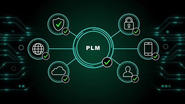 PLM Product Lifecycle Management with Connected Enterprise Technology Icons in Circular Digital Interface on Dark Background