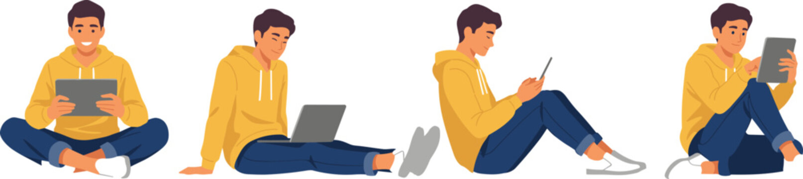 Young Man Character Set Sitting and Using Tech Devices Including Laptop Tablet and Smartphone for Remote Work Study and Education Vector Illustrations