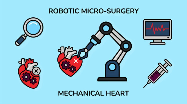 Flat Vector Illustration of Robotic Micro-Surgery on a Mechanical Heart, Featuring a Robotic Arm, Magnifying Glass, Syringe, and Heart Monitor