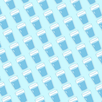 Seamless repeating pattern of transparent glasses filled with blue water, arranged in neat rows on a pale light-blue background.