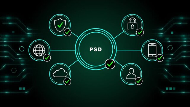 PSD Design Workflow with Connected Creative Technology Icons in Circular Digital Interface on Futuristic Dark Background