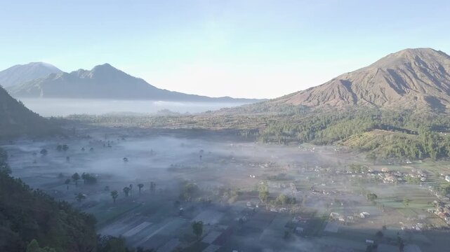 Beautiful landscape of foggy Pinggan village in Bali, Indonesia