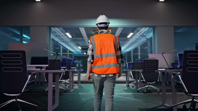 Back of Asian Male Engineer Walking at Futuristic Quantum Computer Data Center Control Room