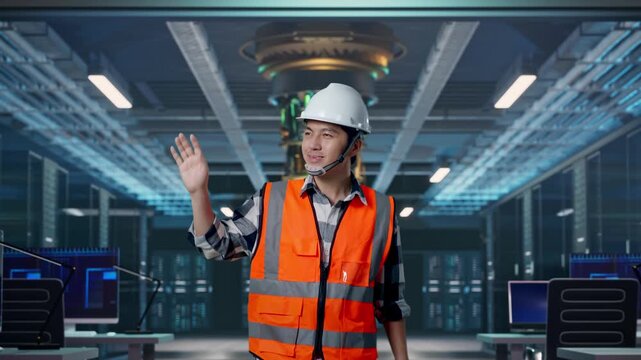 Front View of Asian Male Engineer Waving Hand Saying Bye While Walking at Futuristic Quantum Computer Data Center Control Room