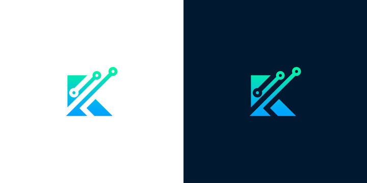 Modern abstract letter K logo design with digital circuit lines and nodes, representing technology and connectivity