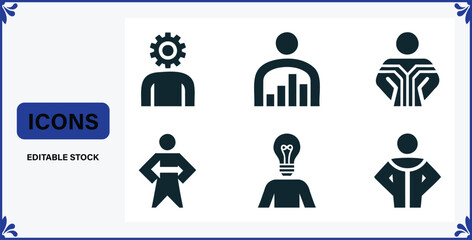 Fototapeta premium Collection of six businessthemed human silhouette icons representing ideas technology progress and success isolated on a white background